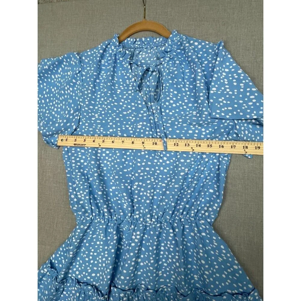 Short Flutter Sleeve Blue Polka Dot Ruffle Skirt Sun Dress Tie Neck, Size Small - Picture 3 of 6